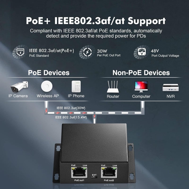 Binardat PoE Extender Passthrough Switch, 1 PoE in 2 PoE Out, IEEE802.3af/at PoE Powered, 10/100Mbps Ethernet, Metal Small Wall Mount PoE Extender/Injector/Network Extender - Image 3
