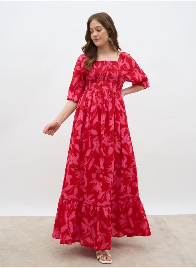 Styli Styli All-Over Print Smocked A-Line Maxi Dress