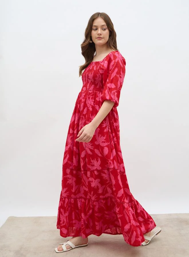 Styli Styli All-Over Print Smocked A-Line Maxi Dress
