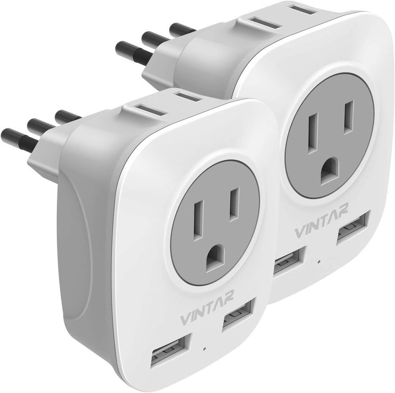 VINTAR 2 Pack Italy Power Adapter, Italy Travel Plug Adapter with 2 USB and 2 American Outlets, 4 in 1 Italy Outlet Adapter, 3 Prong Grounded Type L Plug Adaptor for USA to Italy Chile Uruguay - Image 1