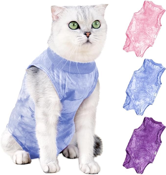 PETANGEL Cat Recovery Suit for Male & Female Surgical Post Surgery Onesie Tie Dye Cats Clothes Neuter Licking Protective Diapers Outfit Cover Kitten Spay Collar Alternative (Blue:S, Chest:28cm- 34cm) - Image 1