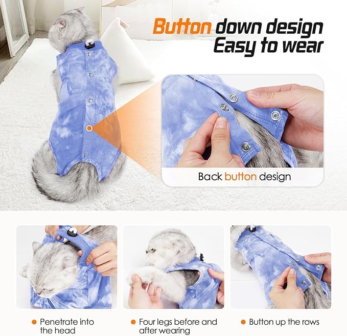 PETANGEL Cat Recovery Suit for Male & Female Surgical Post Surgery Onesie Tie Dye Cats Clothes Neuter Licking Protective Diapers Outfit Cover Kitten Spay Collar Alternative (Blue:S, Chest:28cm- 34cm) - Image 5