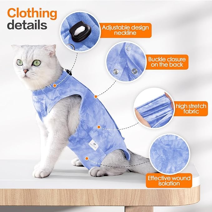 PETANGEL Cat Recovery Suit for Male & Female Surgical Post Surgery Onesie Tie Dye Cats Clothes Neuter Licking Protective Diapers Outfit Cover Kitten Spay Collar Alternative (Blue:S, Chest:28cm- 34cm) - Image 2