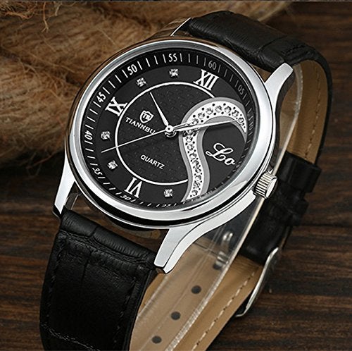 DREAMING Q&P Romantic His and Hers Watches,Pair Hearts Wristwatches for Couples Man Woman,Black Ultrathin Leather Strap Set of 2 - Image 2