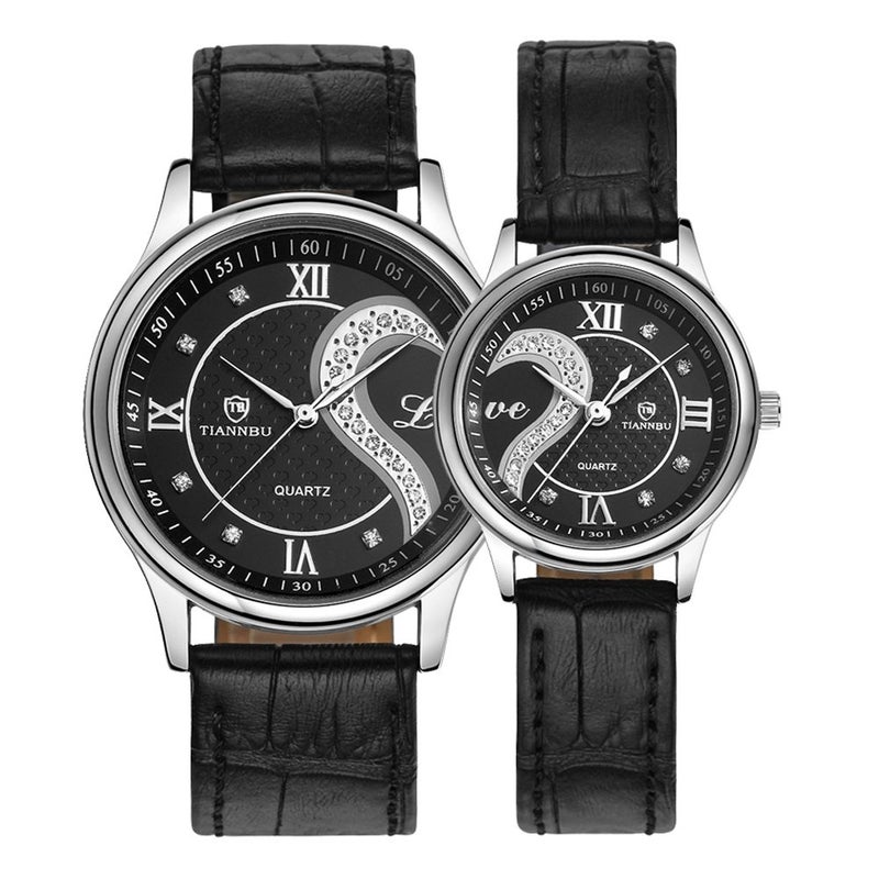 DREAMING Q&P Romantic His and Hers Watches,Pair Hearts Wristwatches for Couples Man Woman,Black Ultrathin Leather Strap Set of 2 - Image 1
