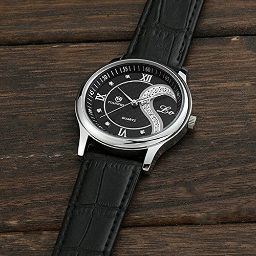 DREAMING Q&P Romantic His and Hers Watches,Pair Hearts Wristwatches for Couples Man Woman,Black Ultrathin Leather Strap Set of 2 - Image 3