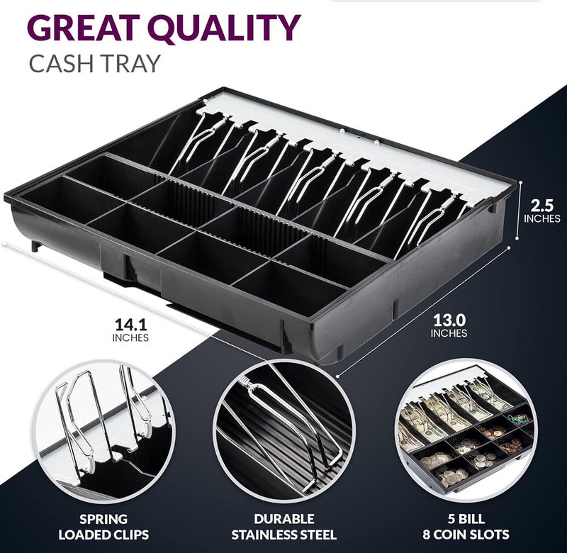 GOBBLER Cash Tray 5 Bill / 8 Coin, Durable ABS Cash Money Organiser with Stainless Steel Metal Clips - Cash Tray 415 (Black) - Image 2