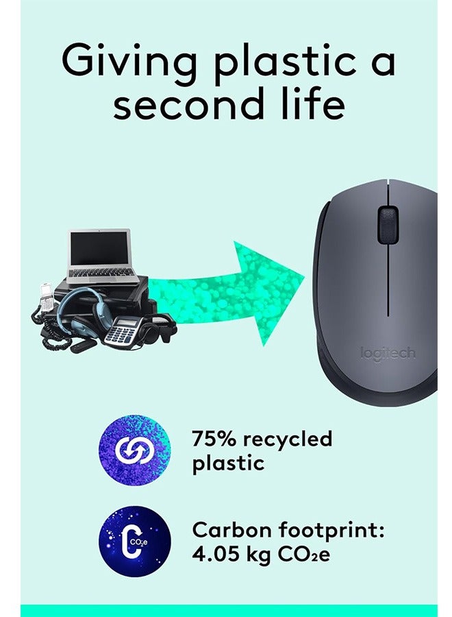 Logitech M170 Wireless mouse, 2.4GHz wireless, with USB mini receiver, optical tracking, suitable for PC/Mac laptops - compatible with both hands - gray/black - Image 3