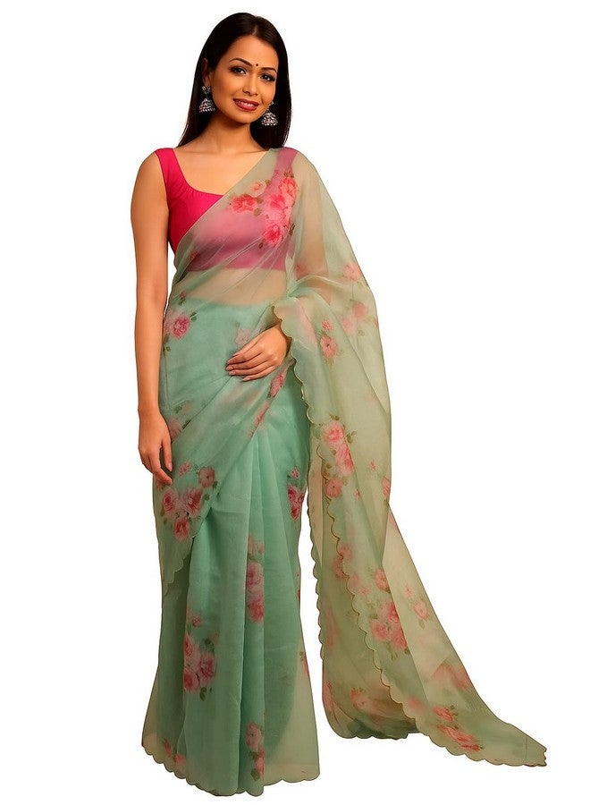 KUDEEO FASHION KUDEEO FASHION Saree for Women with Digital Floral Print | Lightweight Saree with Satin Silk Blouse | Soft Organza Saree for Wedding (Mint Green (light and soft pastel tone)