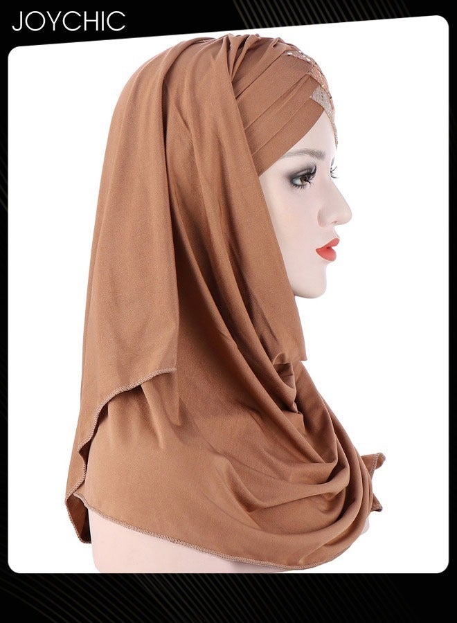 Joychic حجاب مسلم حجاب فوري للنساء بريق لامع كروس جبين توربان أغطية رأس إسلامية شال لف طويل وشاح شيفون فاخر لتغطية الرأس للنساء والفتيات بني - Image 2