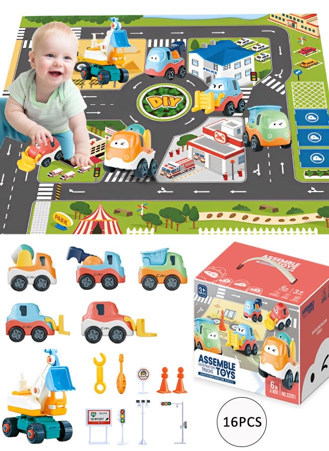 16 Pcs Vehicle Toys for Toddlers, Miniature Construction Vehicles, Baby Version of a Concrete Mixer, Plastic Toys with traffic road scene crawling mat  - Image 1