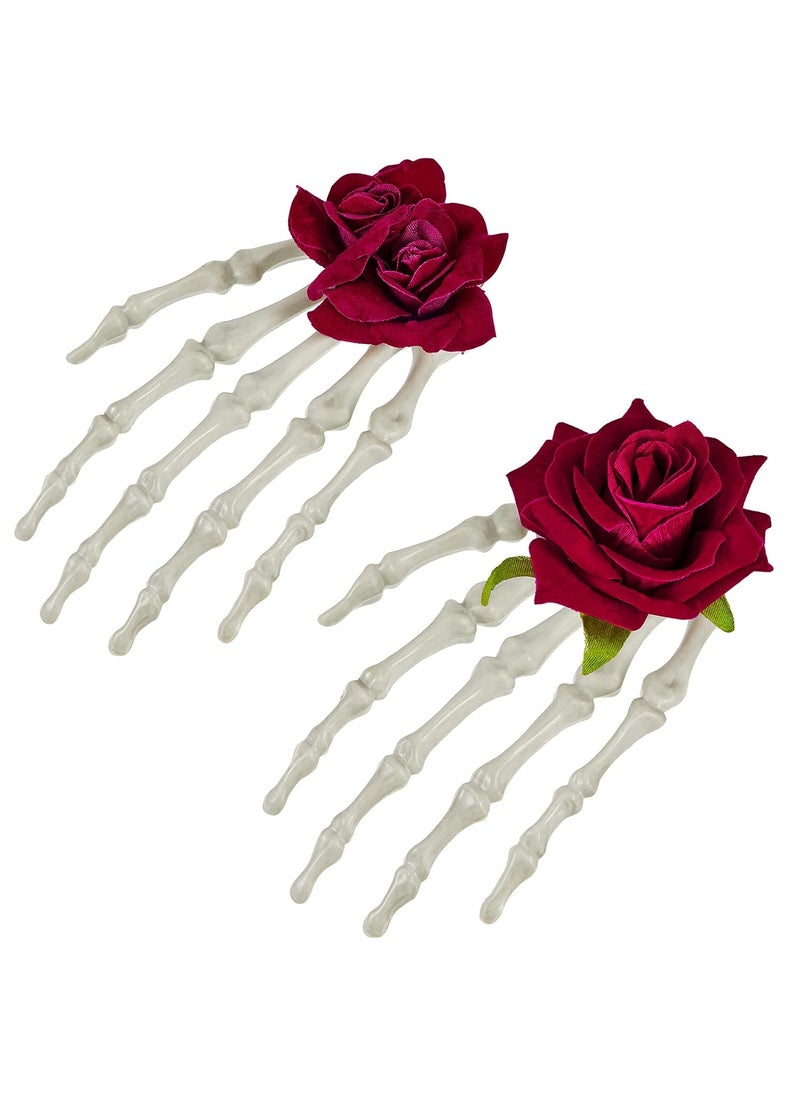Waydress 2 Pieces Halloween Skeleton Hands Hair Clips Rose Flower Skull Hair Barrettes Claws Hand Bone Hair Clip Halloween Gothic Hair Accessories for Women Girls Cosplay Horror Party Supplies 