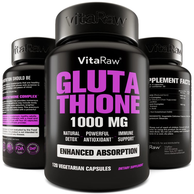VitaRaw 1000mg Glutathione for Immune Support 100mg Absorption Complex Reduced Liposomal Glutathione Supplement with Alpha Lipoic Acid Brain Booster Glowing Skin Liver Support 120 Vegetarian Capsules