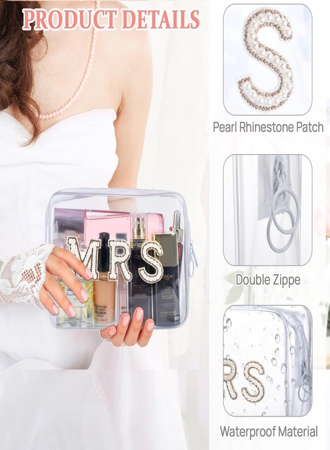 Etercycle MRS Clear Cosmetic Bag, Bachelorette Gifts for Bride Makeup Bag, Portable PVC Travel Toiletry Bag Bling Pearl Rhinestone Patch Letter Bags for Engagement Party Women Wedding Bridal (Gold) - Image 5