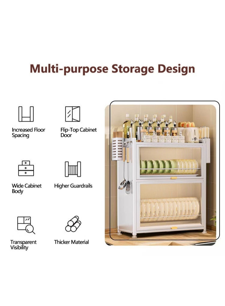 XiuWoo 3-Tier Kitchen Dish Rack, Metal Countertop Storage Cabinet, Microwave Stand, Bakers Rack, Dish Drying Rack, Storage Rack with Pull-out Cabinet, Clear Window, Hooks, and Chopsticks Organzier - Image 3