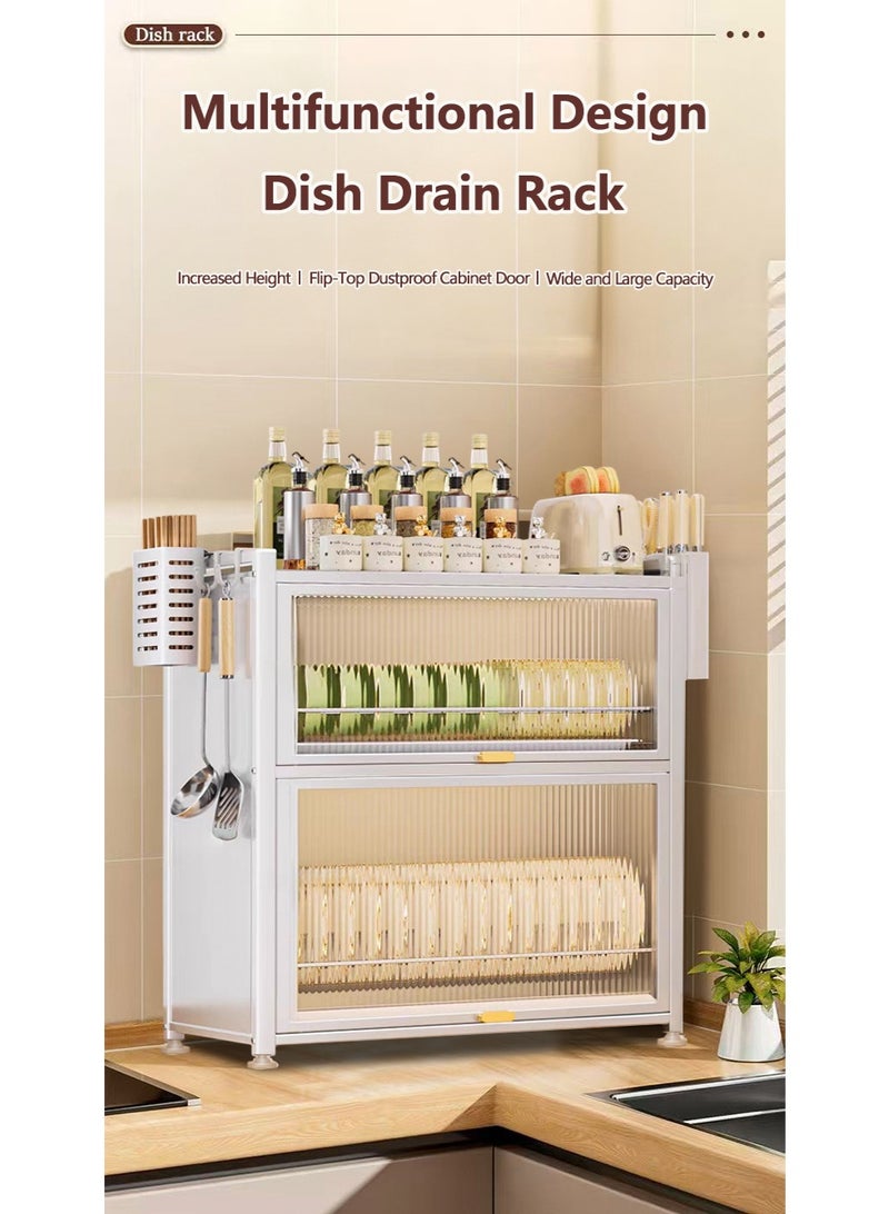 XiuWoo 3-Tier Kitchen Dish Rack, Metal Countertop Storage Cabinet, Microwave Stand, Bakers Rack, Dish Drying Rack, Storage Rack with Pull-out Cabinet, Clear Window, Hooks, and Chopsticks Organzier - Image 2