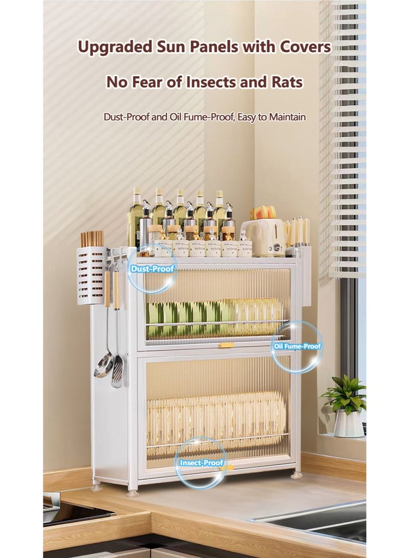 XiuWoo 3-Tier Kitchen Dish Rack, Metal Countertop Storage Cabinet, Microwave Stand, Bakers Rack, Dish Drying Rack, Storage Rack with Pull-out Cabinet, Clear Window, Hooks, and Chopsticks Organzier - Image 5