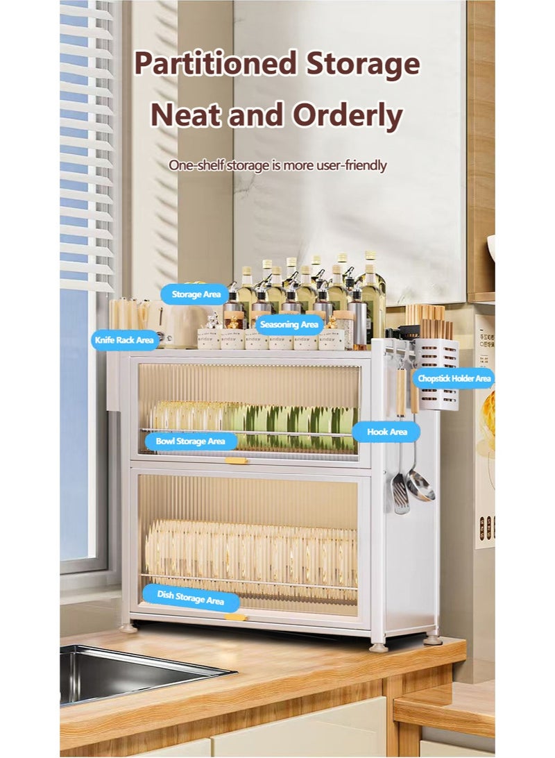 XiuWoo 3-Tier Kitchen Dish Rack, Metal Countertop Storage Cabinet, Microwave Stand, Bakers Rack, Dish Drying Rack, Storage Rack with Pull-out Cabinet, Clear Window, Hooks, and Chopsticks Organzier - Image 4