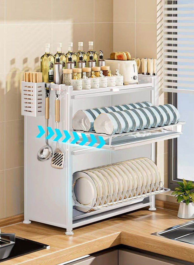 XiuWoo 3-Tier Kitchen Dish Rack, Metal Countertop Storage Cabinet, Microwave Stand, Bakers Rack, Dish Drying Rack, Storage Rack with Pull-out Cabinet, Clear Window, Hooks, and Chopsticks Organzier - Image 1