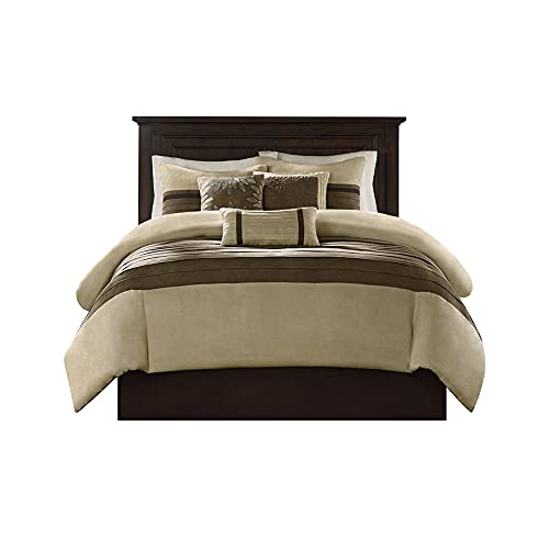 madison park Madison Park Palmer Comforter SetLuxury Faux Suede Design Striped Accent All Season Down Alternative Bedding Matching Shams Decorative Pillow Bed Skirt Queen 90 in x 90 in Natural 7 Piece 