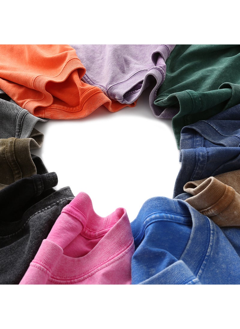 Generic - 230g Pure Cotton Oversize American Style Vintage Trendy Brand Wax-Stained Distressed T-Shirt For Men From China Mainland Rose Red - Image 1