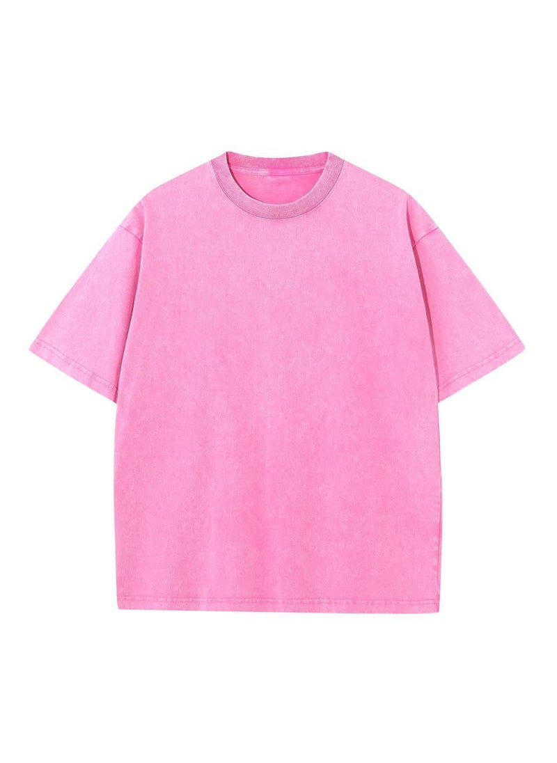 Generic - 230g Pure Cotton Oversize American Style Vintage Trendy Brand Wax-Stained Distressed T-Shirt For Men From China Mainland Rose Red - Image 1