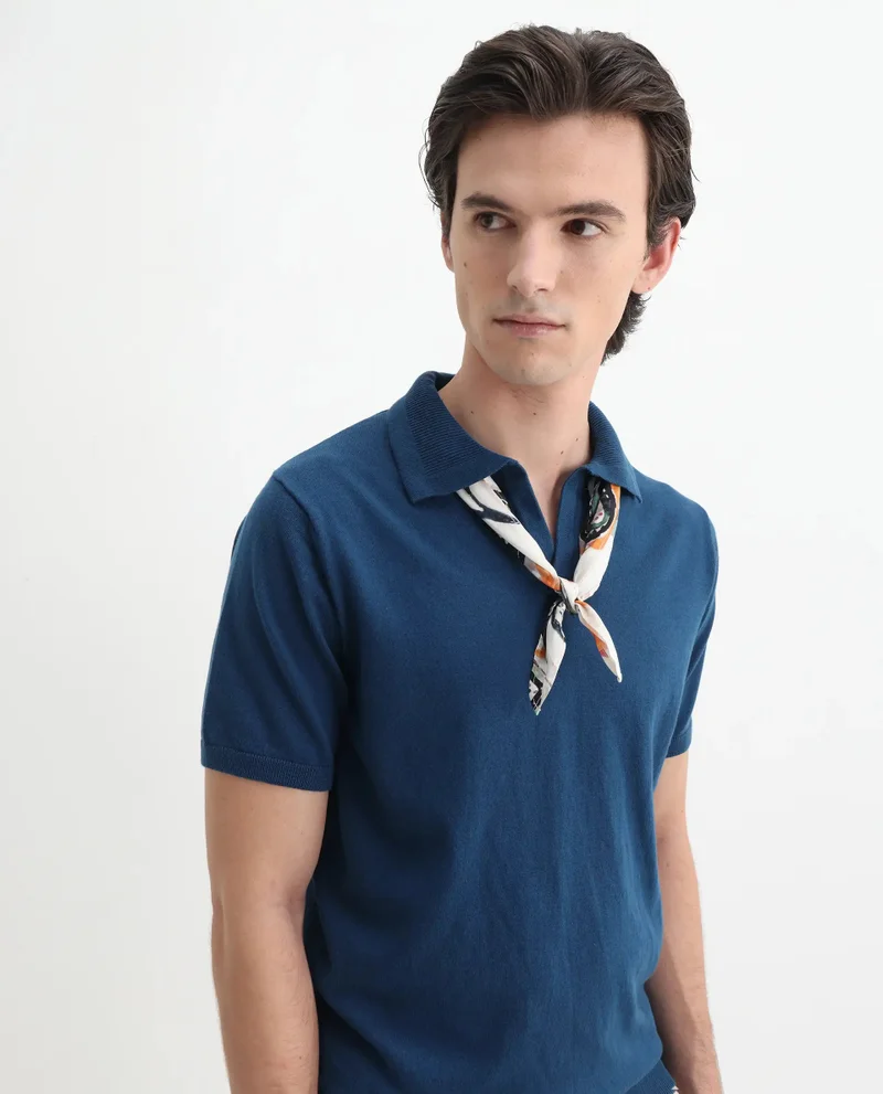 Rare Rabbit Rare Rabbit Men's Teny Dark Blue Cotton Blend Fabric Half Sleeve Spread Collar Regular Fit Plain Polo