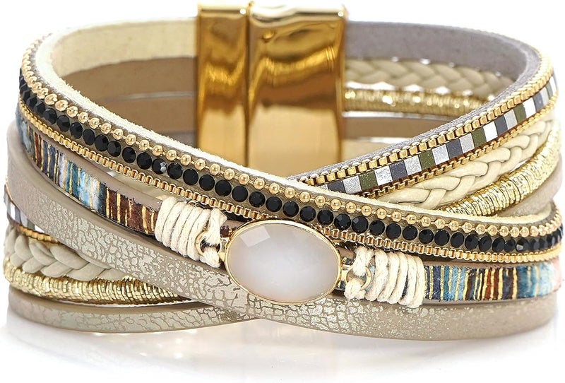 Suyi Women Wrap Bracelet Multilayered Leather Braided Bangle Wrist Cuff Bangles with Magnetic Buckle - Image 1