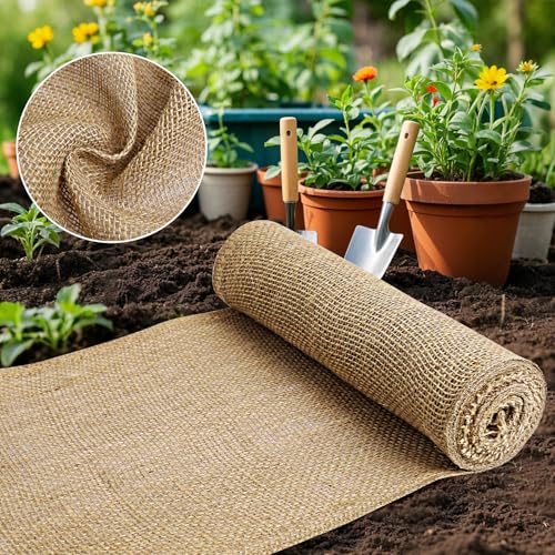 UBCGOTT Burlap Fabric - Garden Burlap Fabric Roll Natural Jute Outdoor Fabric Burlap Weed Barrier Trees Trunk Wrap for Crafts Farmhouse Gardening Table Decor for Crafts (19.7" x 5 Feet) - Image 1