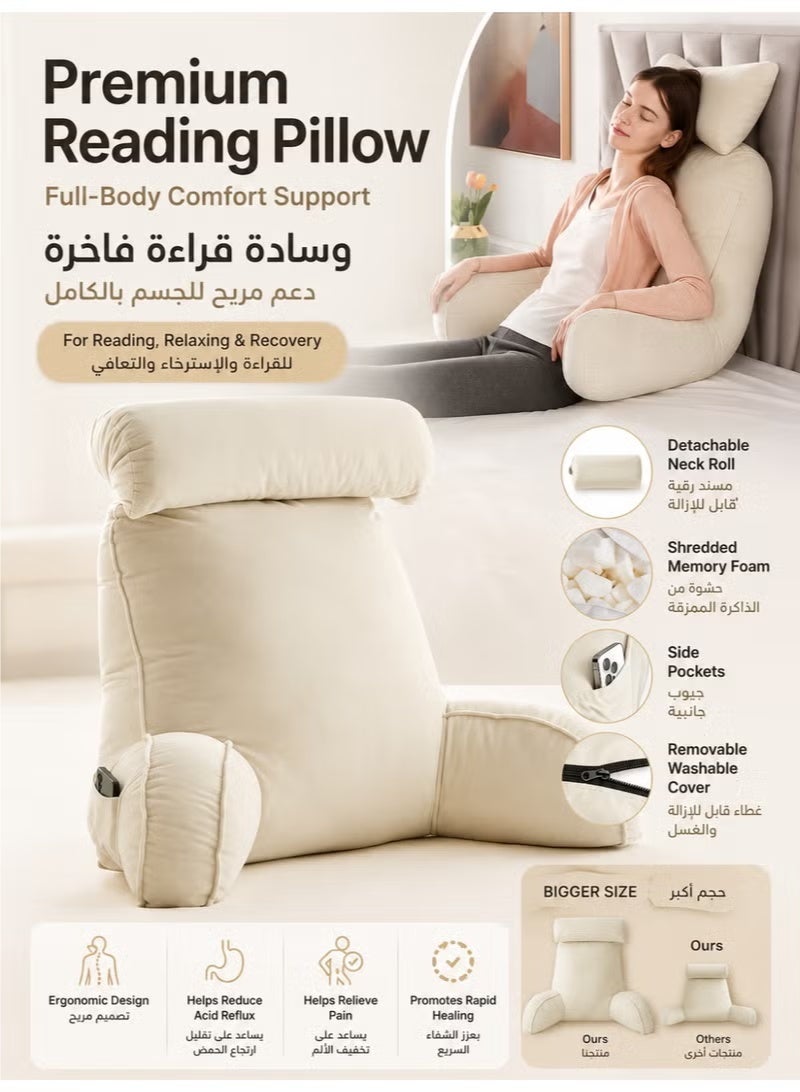Three sheep Reading Pillow With Armrests And A Removable Neck Roll Pad, Suitable For Reading And Relaxation In Bed, Featuring Memory Foam Back Support And Lumbar Support. Available In Beige, It Provides Comfort For Bed Rest, Gaming, Watching Tv, Pregnancy Support, And Post-Operative Recovery. - Image 1