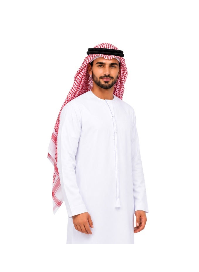 راحمة كوليكشنز طقم غطاء رأس رجالي عربي أصيل من رحمة - ثوب على الطراز الإماراتي/السعودية، وكندورة كلاسيكية، وشماغ/ غترة 138×138 سم، وعقال/ حلقة سوداء، وقلنسوة، طقم تقليدي من 3 قطع - Image 1
