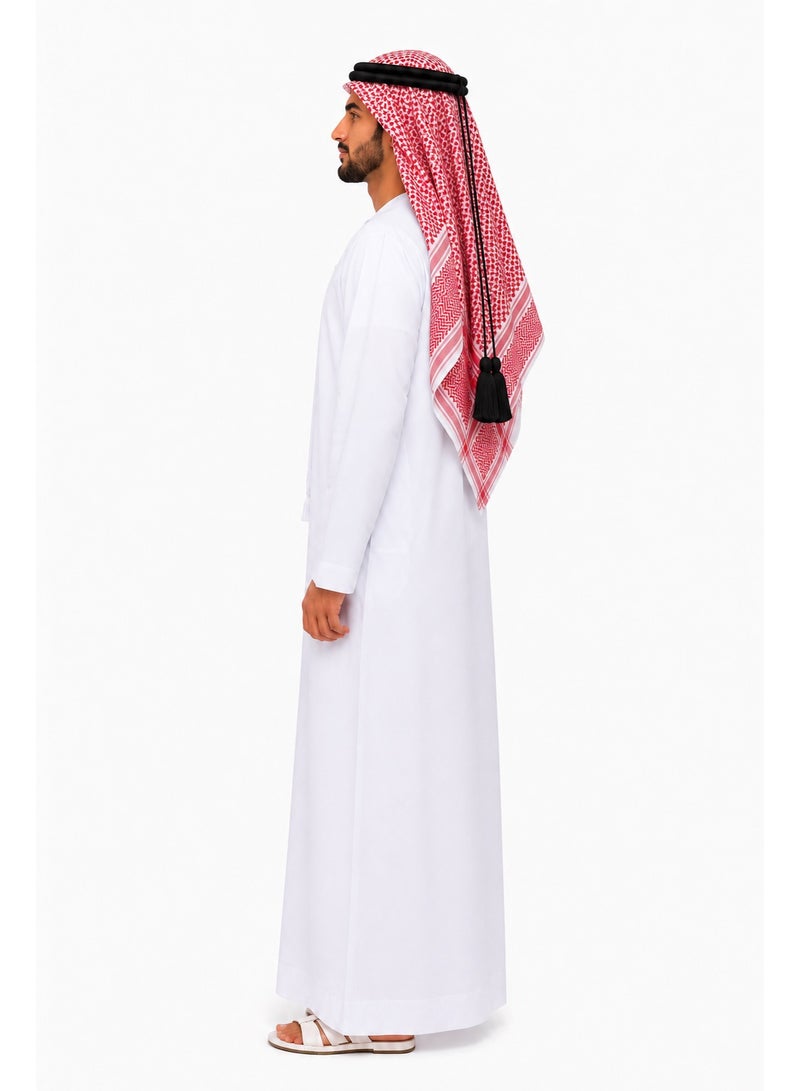 راحمة كوليكشنز طقم غطاء رأس رجالي عربي أصيل من رحمة - ثوب على الطراز الإماراتي/السعودية، وكندورة كلاسيكية، وشماغ/ غترة 138×138 سم، وعقال/ حلقة سوداء، وقلنسوة، طقم تقليدي من 3 قطع - Image 3