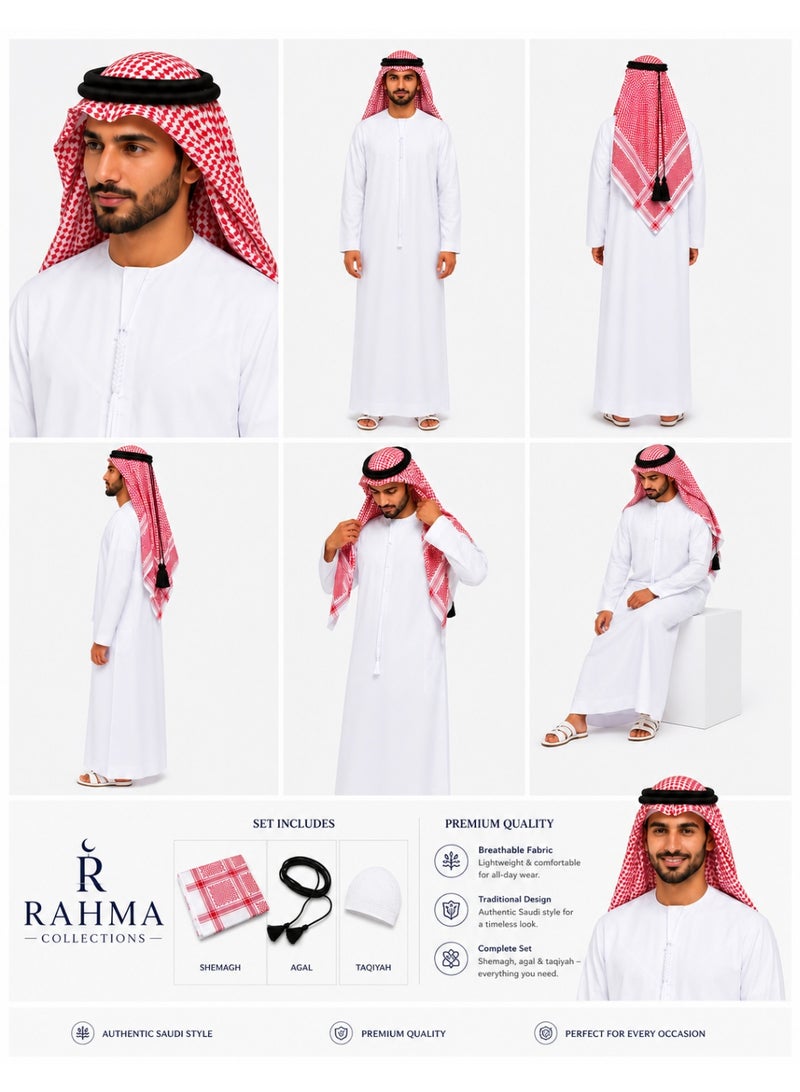 راحمة كوليكشنز طقم غطاء رأس رجالي عربي أصيل من رحمة - ثوب على الطراز الإماراتي/السعودية، وكندورة كلاسيكية، وشماغ/ غترة 138×138 سم، وعقال/ حلقة سوداء، وقلنسوة، طقم تقليدي من 3 قطع - Image 4