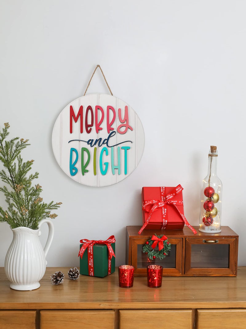 NEWLIGHTURE 3D Merry and Bright Ornament Door Hanger - Christmas Front Door Sign, Farmhouse Style Decor, Wooden Wreath (MERRY&BRIGHT) - Image 2