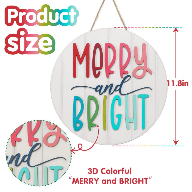 NEWLIGHTURE 3D Merry and Bright Ornament Door Hanger - Christmas Front Door Sign, Farmhouse Style Decor, Wooden Wreath (MERRY&BRIGHT) - Image 3