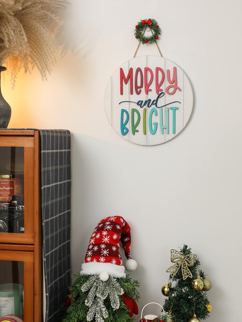 NEWLIGHTURE 3D Merry and Bright Ornament Door Hanger - Christmas Front Door Sign, Farmhouse Style Decor, Wooden Wreath (MERRY&BRIGHT) - Image 4