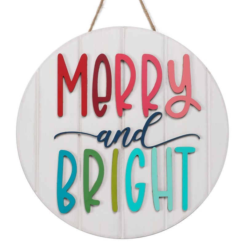 NEWLIGHTURE 3D Merry and Bright Ornament Door Hanger - Christmas Front Door Sign, Farmhouse Style Decor, Wooden Wreath (MERRY&BRIGHT) - Image 1
