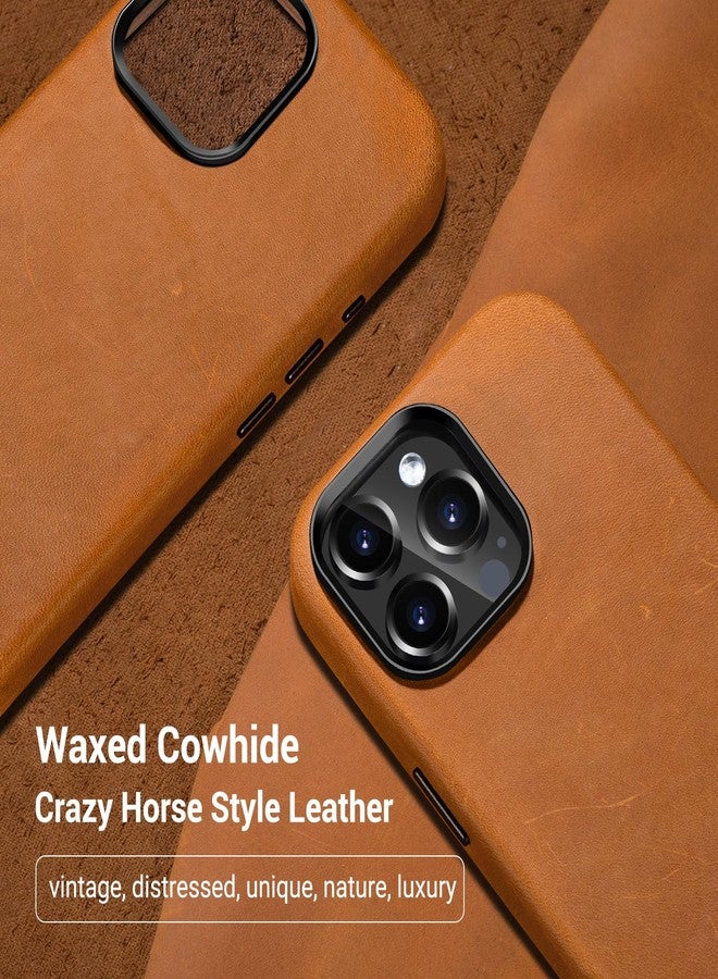 Belemay Compatible with iPhone 15 Pro Leather Case with Magsafe - Top Grain Vintage Crazy Horse Leather - Metal Buttons & Lens Protector - Slim Fit - Soft Premium Phone Cover (6.1-inch) Tan Brown - Image 2