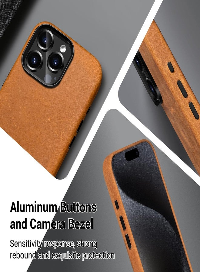 Belemay Compatible with iPhone 15 Pro Leather Case with Magsafe - Top Grain Vintage Crazy Horse Leather - Metal Buttons & Lens Protector - Slim Fit - Soft Premium Phone Cover (6.1-inch) Tan Brown - Image 3