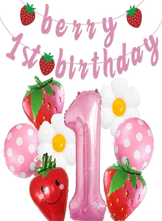 TMTECHJS Berry First Birthday Decor Berry First Birthday Banner with Balloons Pre-Strung Glitter Pink Strawberry Banner for Baby Girl Party Supplies - Image 1