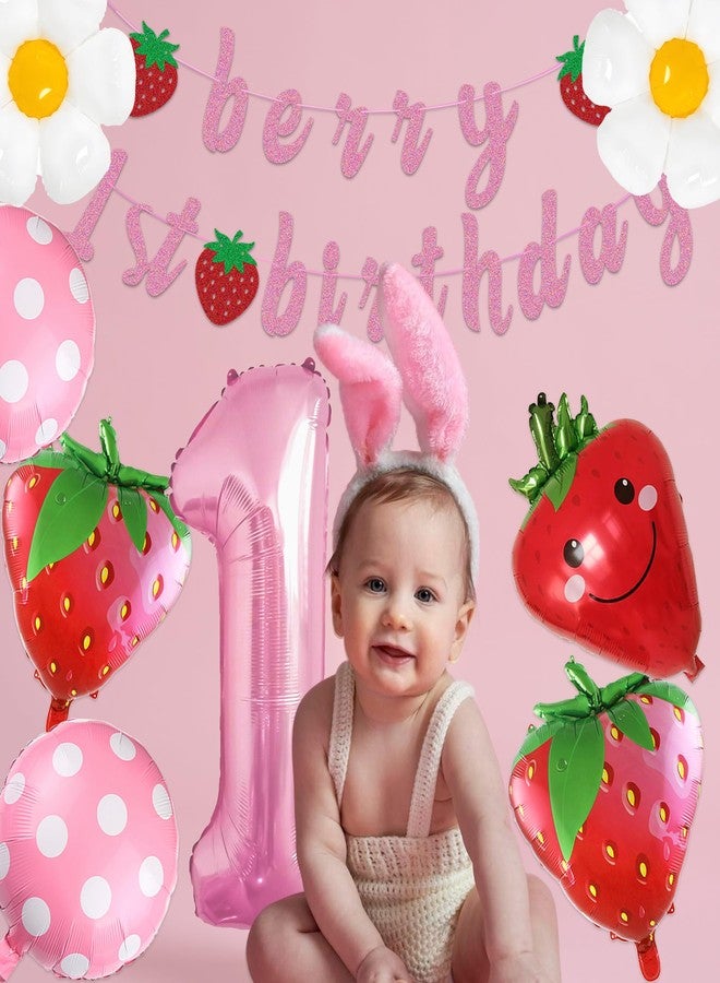 TMTECHJS Berry First Birthday Decor Berry First Birthday Banner with Balloons Pre-Strung Glitter Pink Strawberry Banner for Baby Girl Party Supplies - Image 4