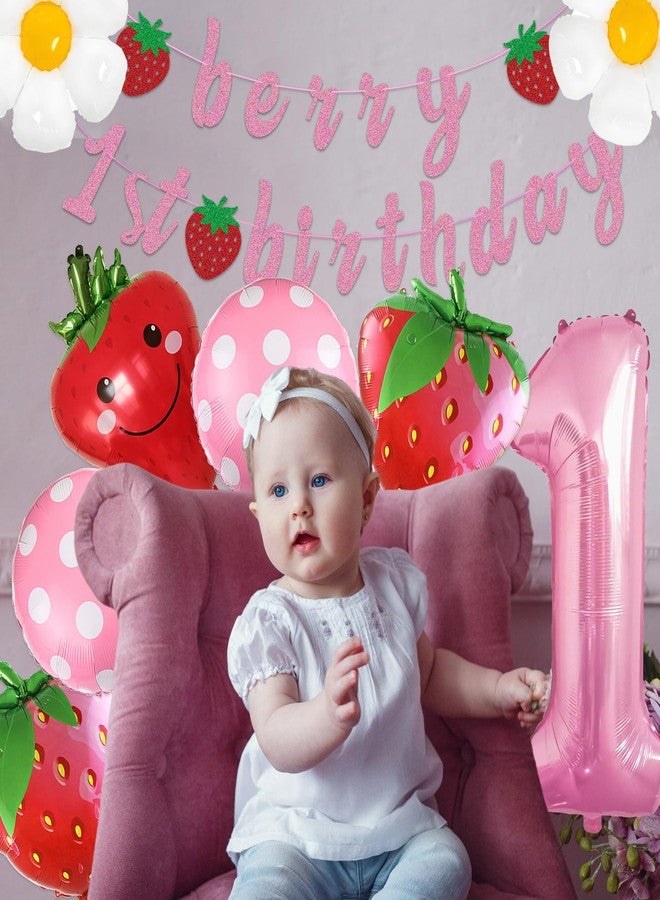 TMTECHJS Berry First Birthday Decor Berry First Birthday Banner with Balloons Pre-Strung Glitter Pink Strawberry Banner for Baby Girl Party Supplies - Image 5