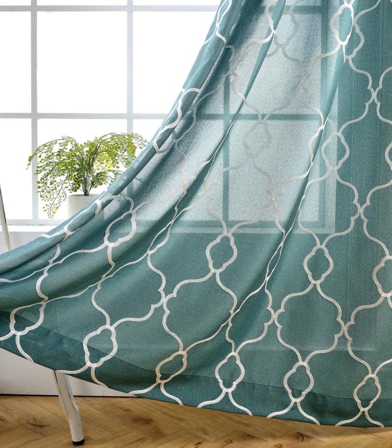 MIUCO Moroccan Embroidered SemiSheer Curtains Faux Linen Grommet Curtains for Living Room 52 x 84 Inch 2 Panels Set Teal