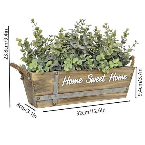 hopeme Artificial Eucalyptus Table Centerpiece in Wooden Box, Faux Greenery Arrangement with “Home Sweet Home” Sign, Jute Rope Handles, Farmhouse Rustic Home Décor - Image 4