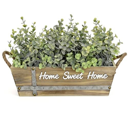 hopeme Artificial Eucalyptus Table Centerpiece in Wooden Box, Faux Greenery Arrangement with “Home Sweet Home” Sign, Jute Rope Handles, Farmhouse Rustic Home Décor - Image 1
