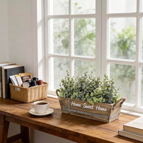 hopeme Artificial Eucalyptus Table Centerpiece in Wooden Box, Faux Greenery Arrangement with “Home Sweet Home” Sign, Jute Rope Handles, Farmhouse Rustic Home Décor - Image 3