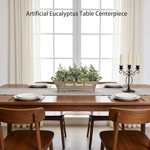 hopeme Artificial Eucalyptus Table Centerpiece in Wooden Box, Faux Greenery Arrangement with “Home Sweet Home” Sign, Jute Rope Handles, Farmhouse Rustic Home Décor - Image 2