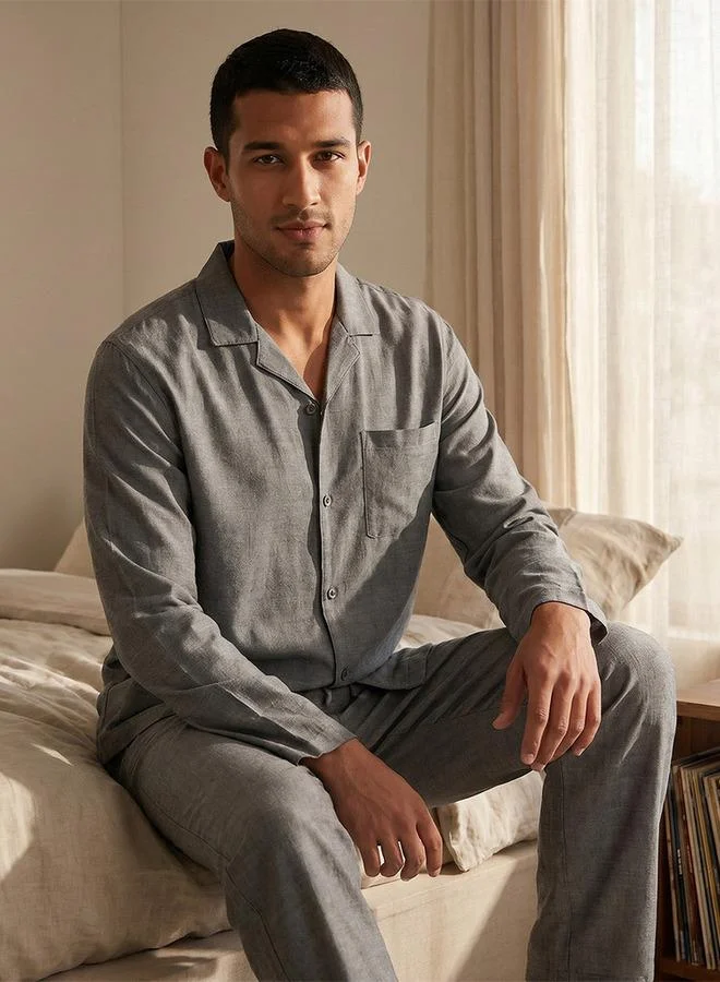 Splash FAV GREY Textured Camp Collar Nightwear Set for Men | Best Price UAE