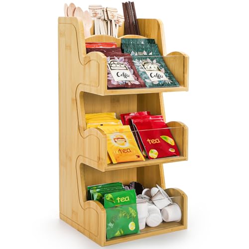 Nagpew 3 Tier Bamboo Coffee Condiment Station, 6 Compartments Coffee Tea Holder with Removable Acrylic Front Wall, Tabletop Organizer Sugar Pod Utensil for Countertop, Office, Home, Kitchen - Image 1
