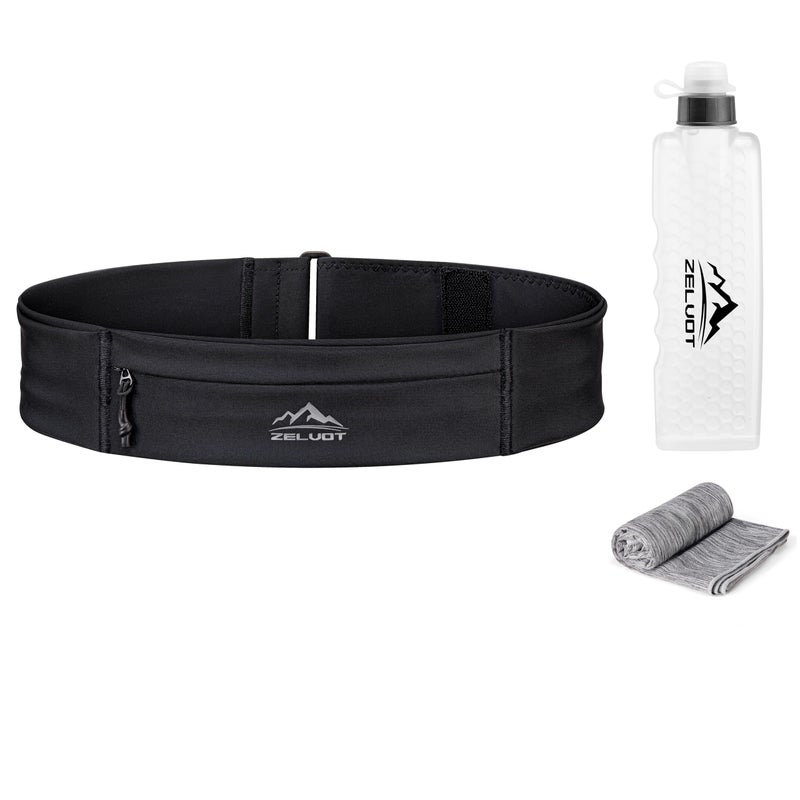 Zelvot Running Belt with 355ml Water Bottle, Extension Strap & Phone Holder, Adjustable Running Fanny Pack with Gym Towel, Waterproof Belt Bag for Women Men for Jogging Hiking Marathon (Black, Medium) - Image 1